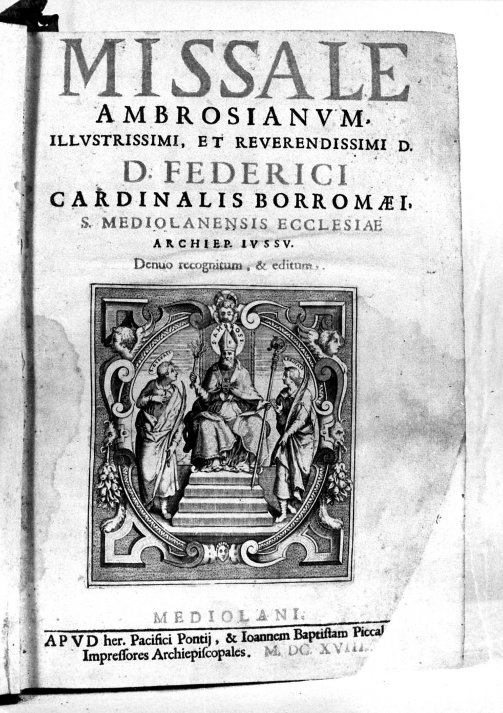 Sant'Ambrogio in trono con i santi Gervasio e Protasio (stampa) - ambito lombardo (sec. XVII)