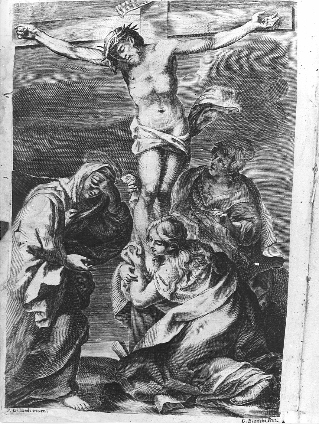 crocifissione di Cristo con la Madonna e santi (stampa, elemento d'insieme) di Bianchi Gaetano, Gilardi Pietro (sec. XVIII)