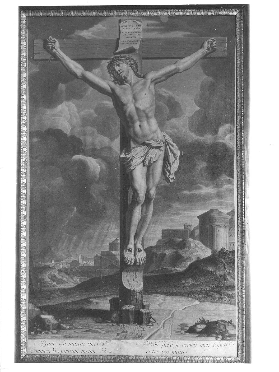 Cristo crocifisso (stampa) di Audran Jean (attribuito), Le Brun Charles (attribuito) (prima metà sec. XVIII)