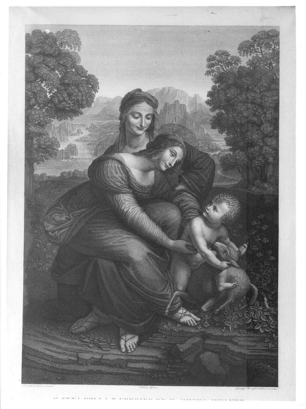 Madonna con Bambino e Sant'Anna (stampa) di Salaino Andrea (attribuito), Leonardo da Vinci (attribuito), Benaglia Giuseppe (attribuito) (sec. XVIII)