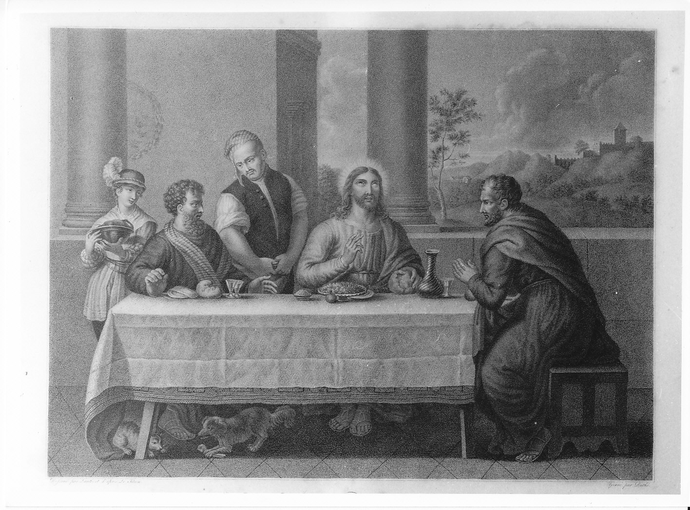 Jesus Christ a Emmaus avec deux de les disciples, cena in Emmaus (stampa) di Lambert, Vecellio Tiziano, Duthè (primo quarto sec. XIX)