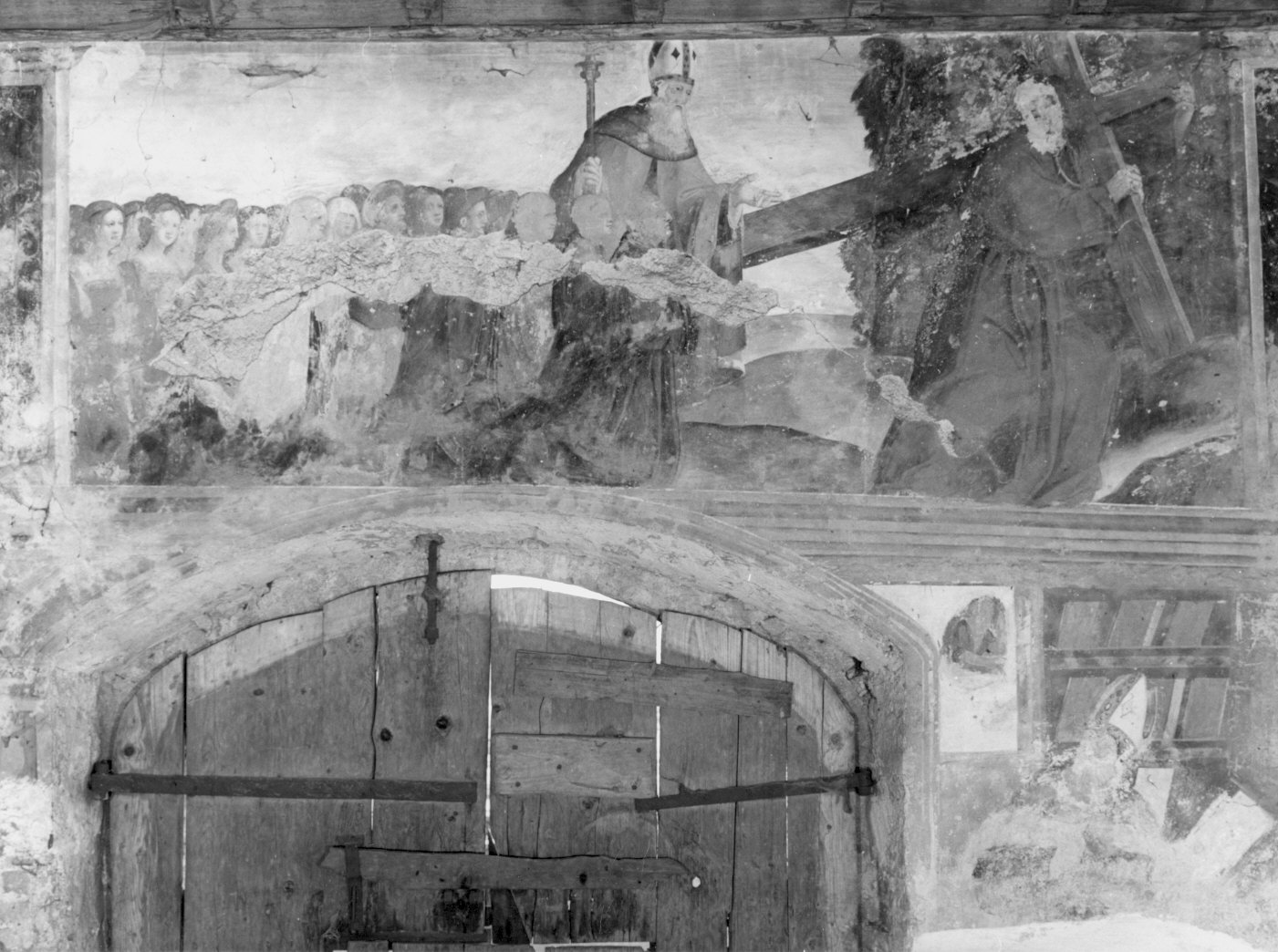 Sant'Agostino e donatori accompagnano Cristo al Calvario (dipinto murale) - ambito lombardo (primo quarto sec. XVI)