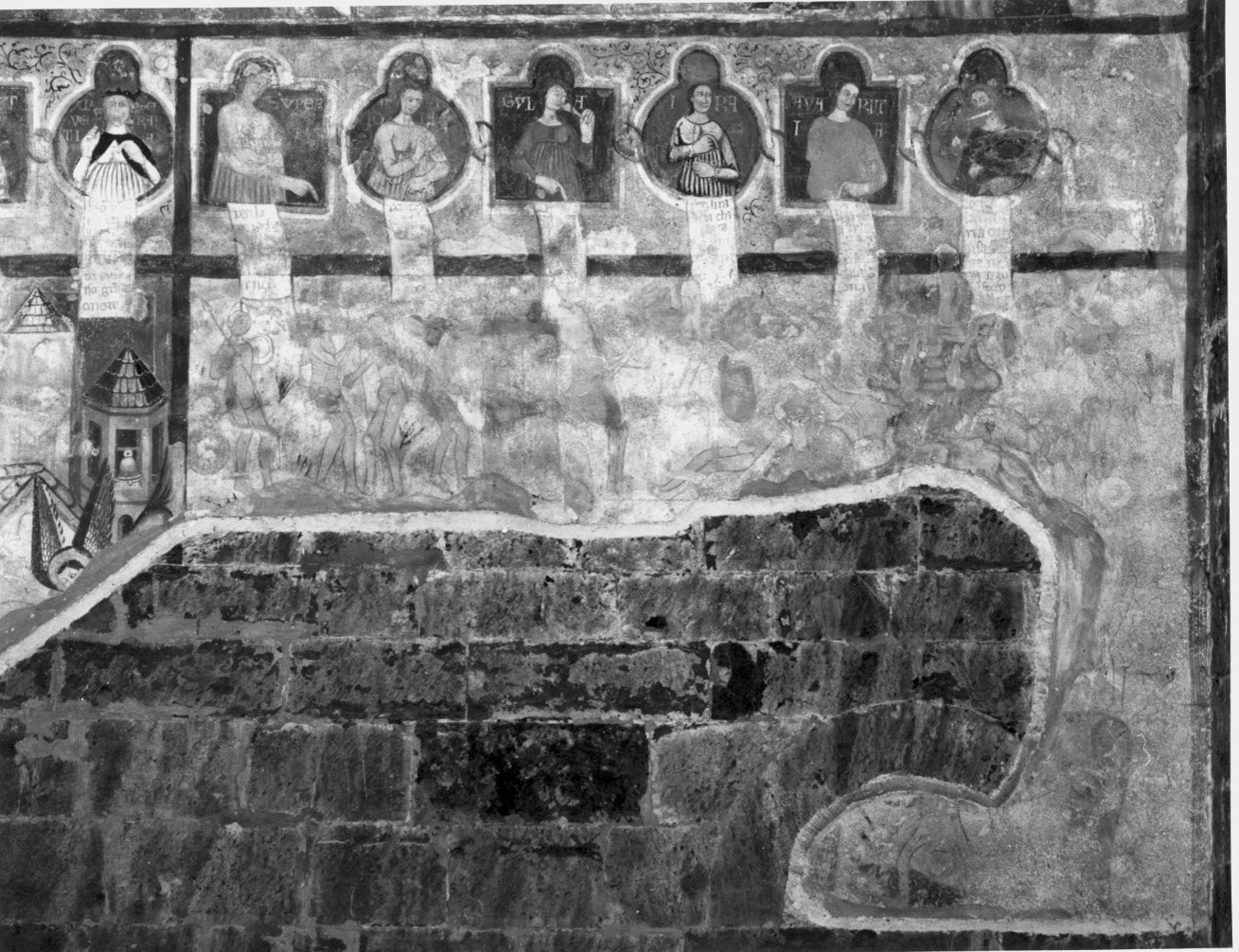 vizi e virtù/ paesaggio cittadino/ anime tra le pene (dipinto murale) - ambito lombardo (secondo quarto sec. XIV)