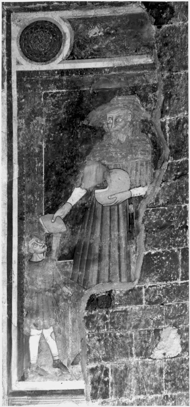 scena di elemsina (dipinto murale) - ambito lombardo (sec. XIV)