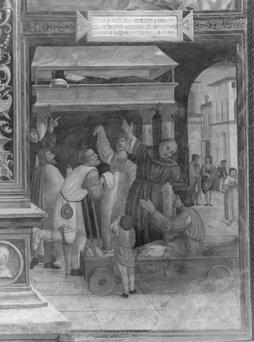 La visita degli infermi alla tomba del santo alla presenza di un frate agostiniano (dipinto murale, elemento d'insieme) di De Magistris Sigismondo (attribuito) (sec. XVI)