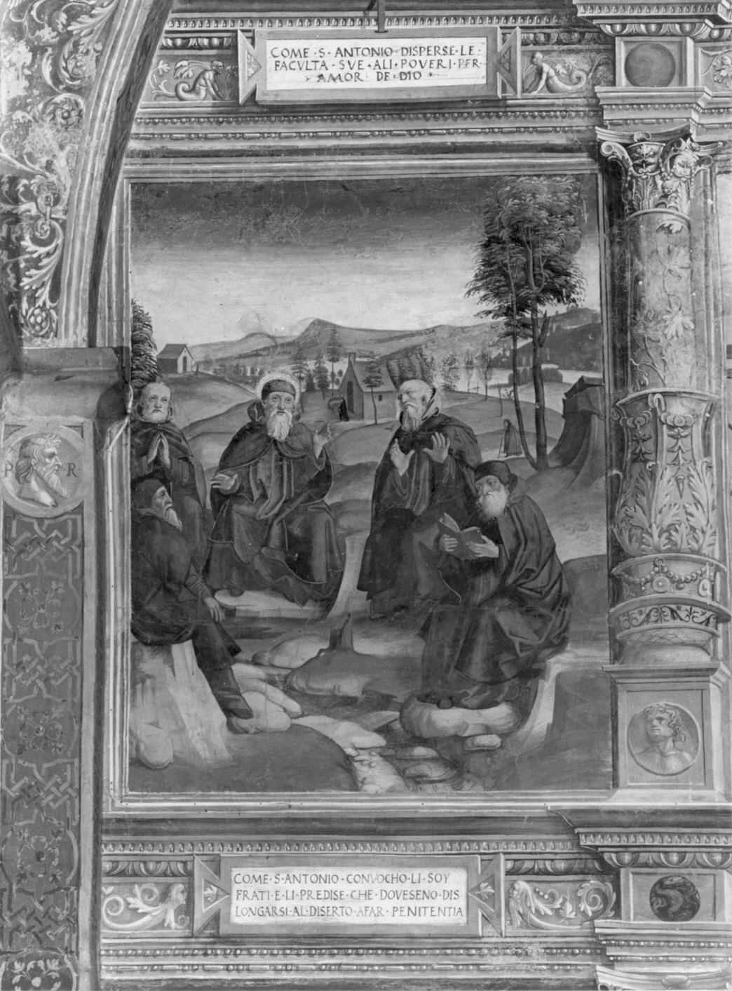 Sant'Antonio convoca i sui confratelli per l'eremitaggio nel deserto (dipinto murale, elemento d'insieme) di De Magistris Sigismondo (attribuito) (sec. XVI)