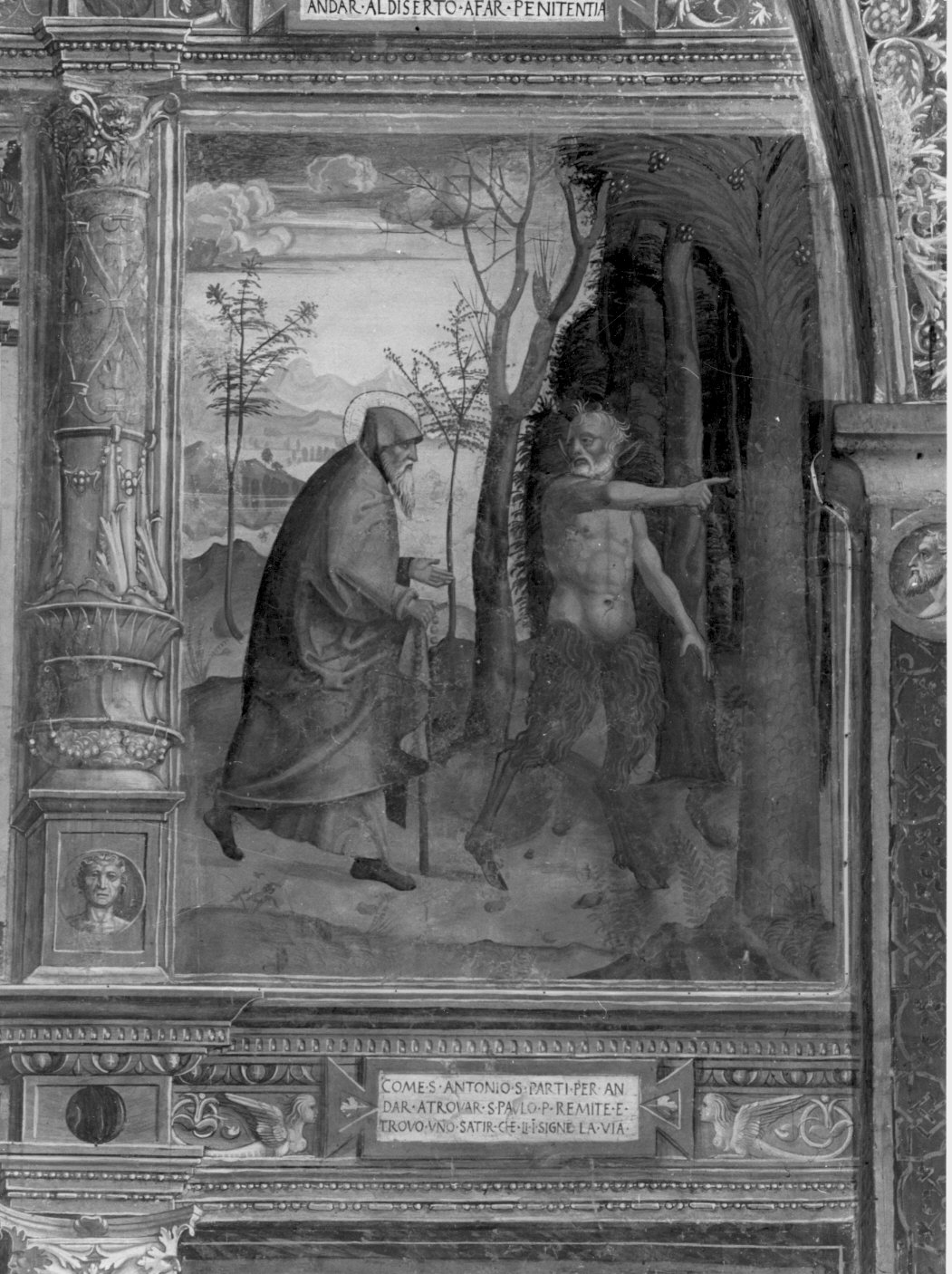 Un satiro indica a Sant'Antonio la strada per recarsi da San Paolo Eremita (dipinto murale, elemento d'insieme) di De Magistris Sigismondo (attribuito) (sec. XVI)