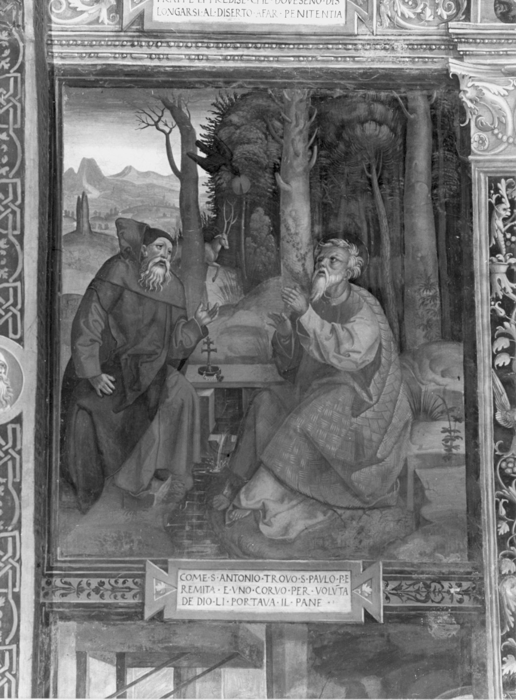 Incontro di San Paolo con Sant'Antonio (dipinto murale, elemento d'insieme) di De Magistris Sigismondo (attribuito) (sec. XVI)