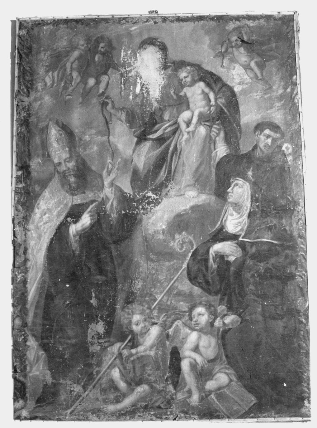 Madonna con Bambino che porgono le cintole a Sant'Agostino, Santa Monica e San Nicola da Tolentino (dipinto) - ambito lombardo (sec. XVII)