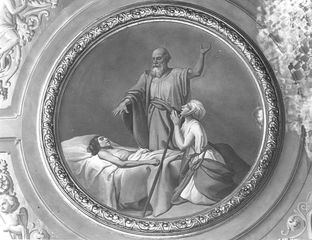 Il profeta Eliseo risuscita il figlio della vedova Naaman, Eliseo guarisce Naaman dalla lebbra (dipinto murale, elemento d'insieme) di Gallina Gallo (attribuito) (sec. XIX)