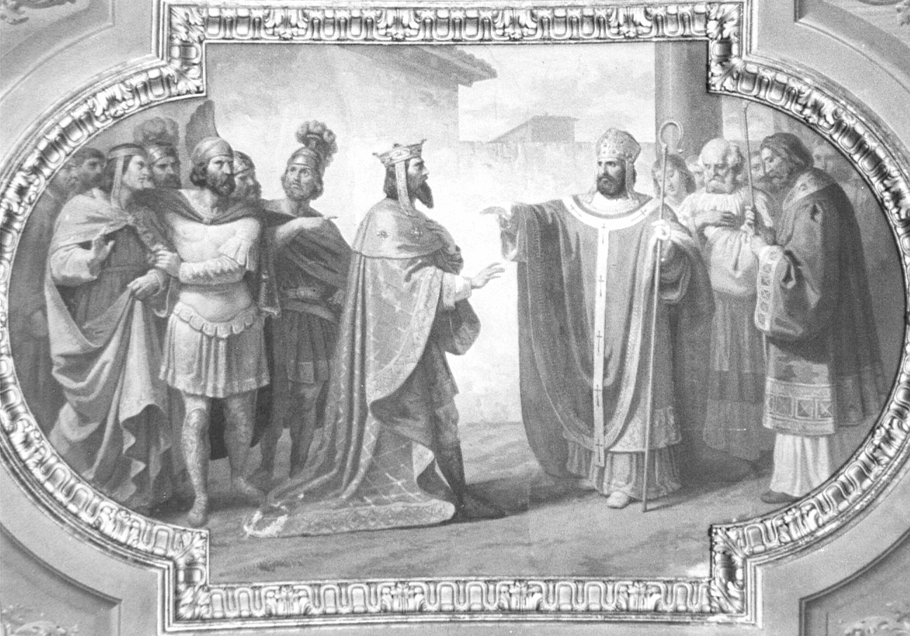 Sant'Ambrogio rifiuta l'ingresso in chiesa all'imperatore Teodosio (dipinto murale, elemento d'insieme) di Gonin Francesco (attribuito) (sec. XIX)