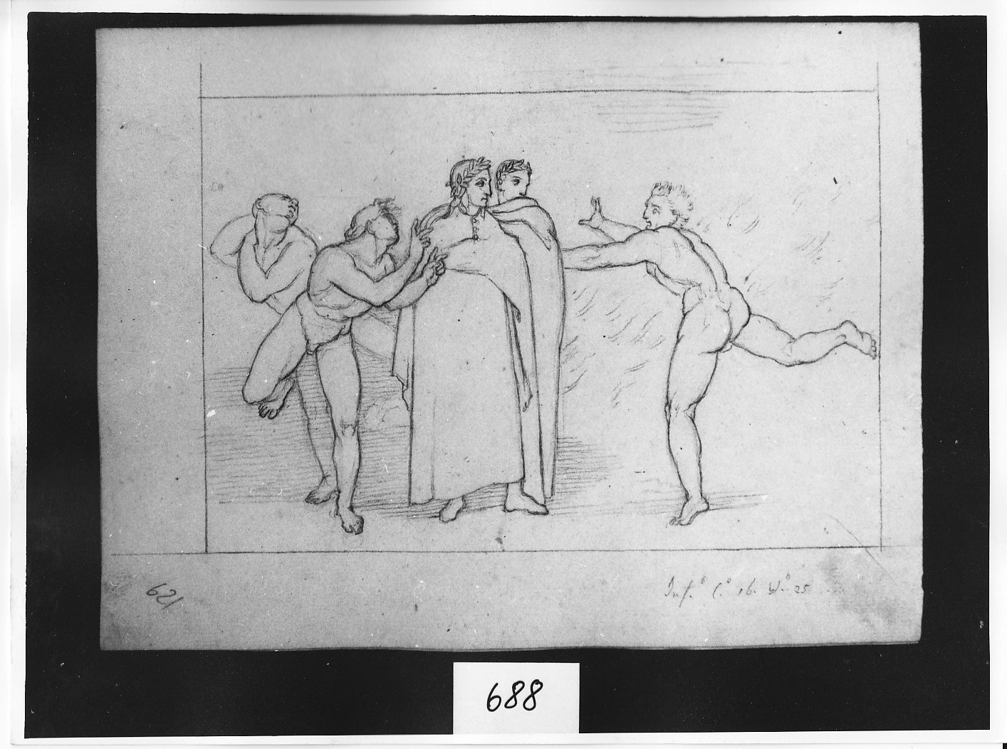 Tre dannati corrono in cerchio attorno a Dante (recto) (disegno, opera isolata) di Ligari Angelo (attribuito) (sec. XIX)
