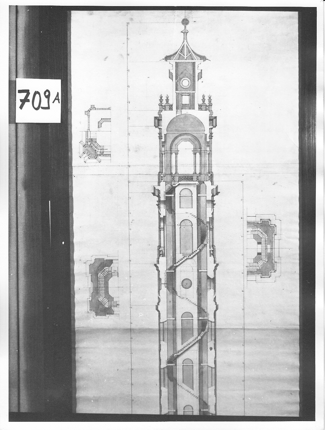 Sezione, pianta e tre mezze piante di campanile (disegno architettonico, opera isolata) di Ligari Pietro (attribuito) (sec. XVIII)