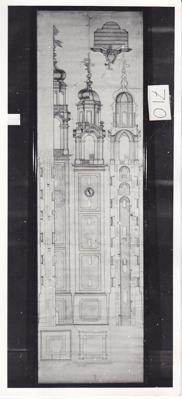 Tre disegni e due piante di campanili (disegno architettonico, opera isolata) di Cometti Giovanni Giacomo (attribuito) (sec. XVIII)