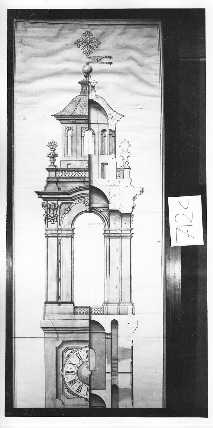 Prospetto sezione di campanile con piante (disegno architettonico, opera isolata) di Solaris Pietro (attribuito) (sec. XVIII)