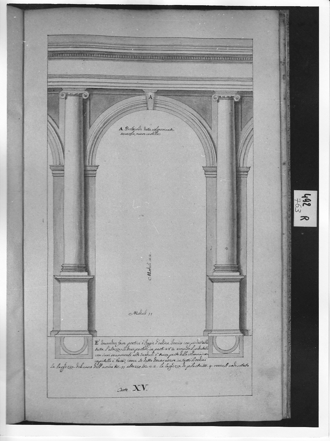 Arco iscritto entro l'ordine ionico su piedestallo (disegno architettonico, opera isolata) di Ligari Pietro (attribuito) (sec. XVIII)