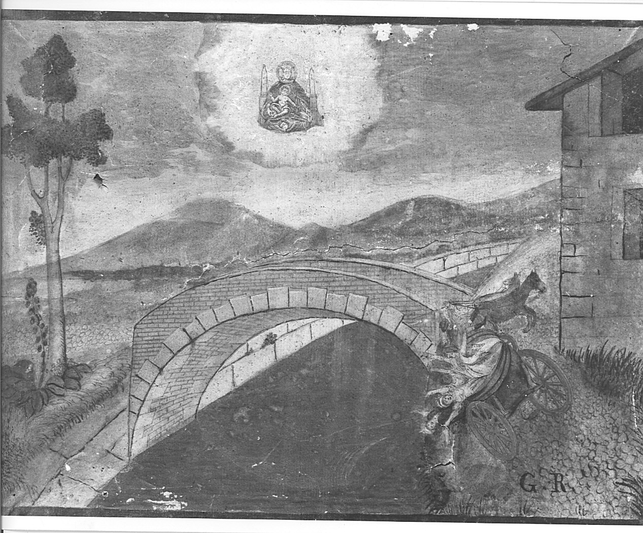 carrozza trainata da due cavalli si rovescia sulla sponda di un fossato (disegno, opera isolata) - ambito lombardo (metà sec. XIX)