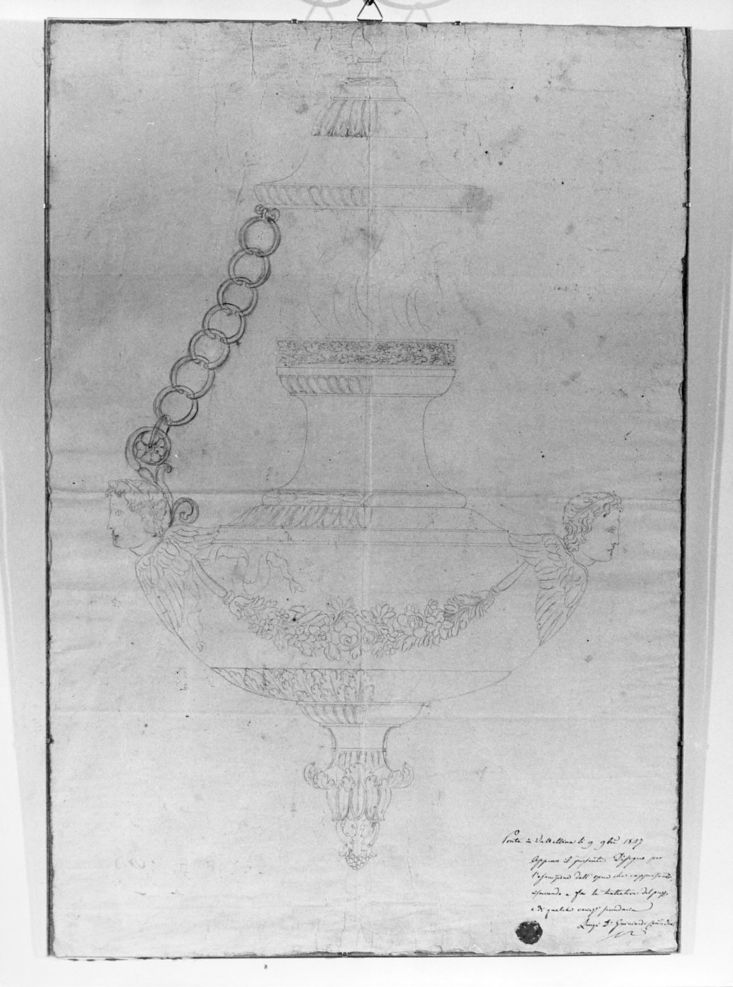 Studio per lampada pensile (disegno, opera isolata) - ambito italiano (sec. XIX)