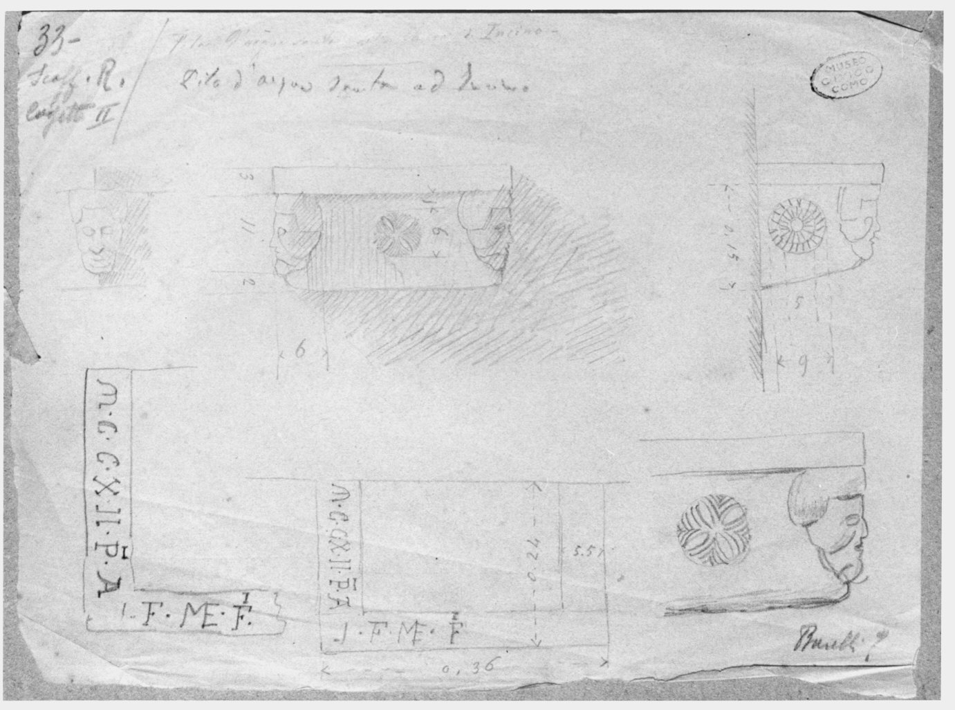 Rilievo della pila d'acqua santa nella chiesa di Incino (disegno) di Barelli Vincenzo (attribuito) (terzo quarto sec. XIX)