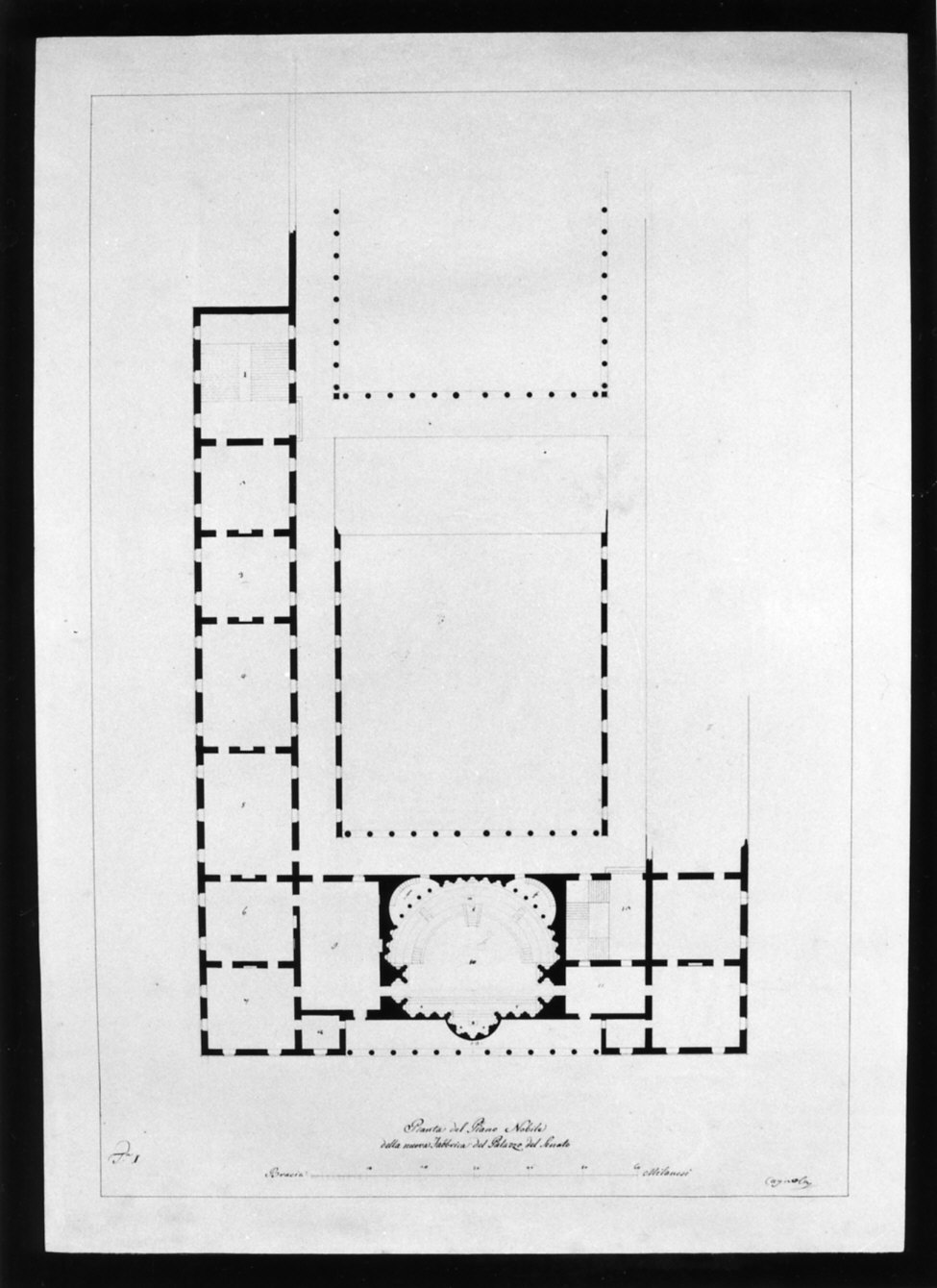 progetto architettonico: pianta del primo piano del Palazzo del Senato a Milano (disegno, opera isolata) di Cagnola Luigi (sec. XIX)