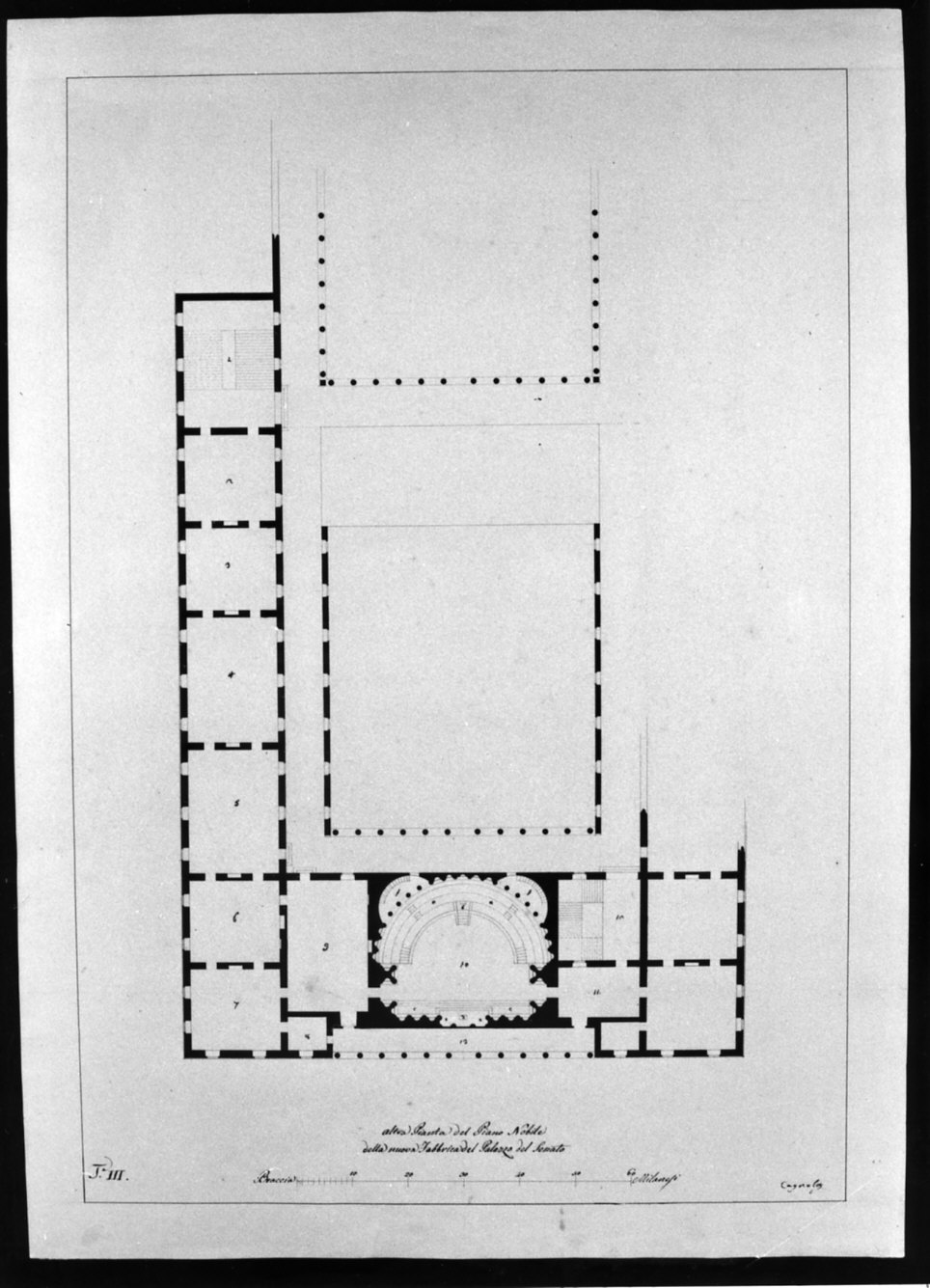 progetto architettonico: pianta del primo piano del Palazzo del Senato a Milano (disegno, opera isolata) di Cagnola Luigi (sec. XIX)