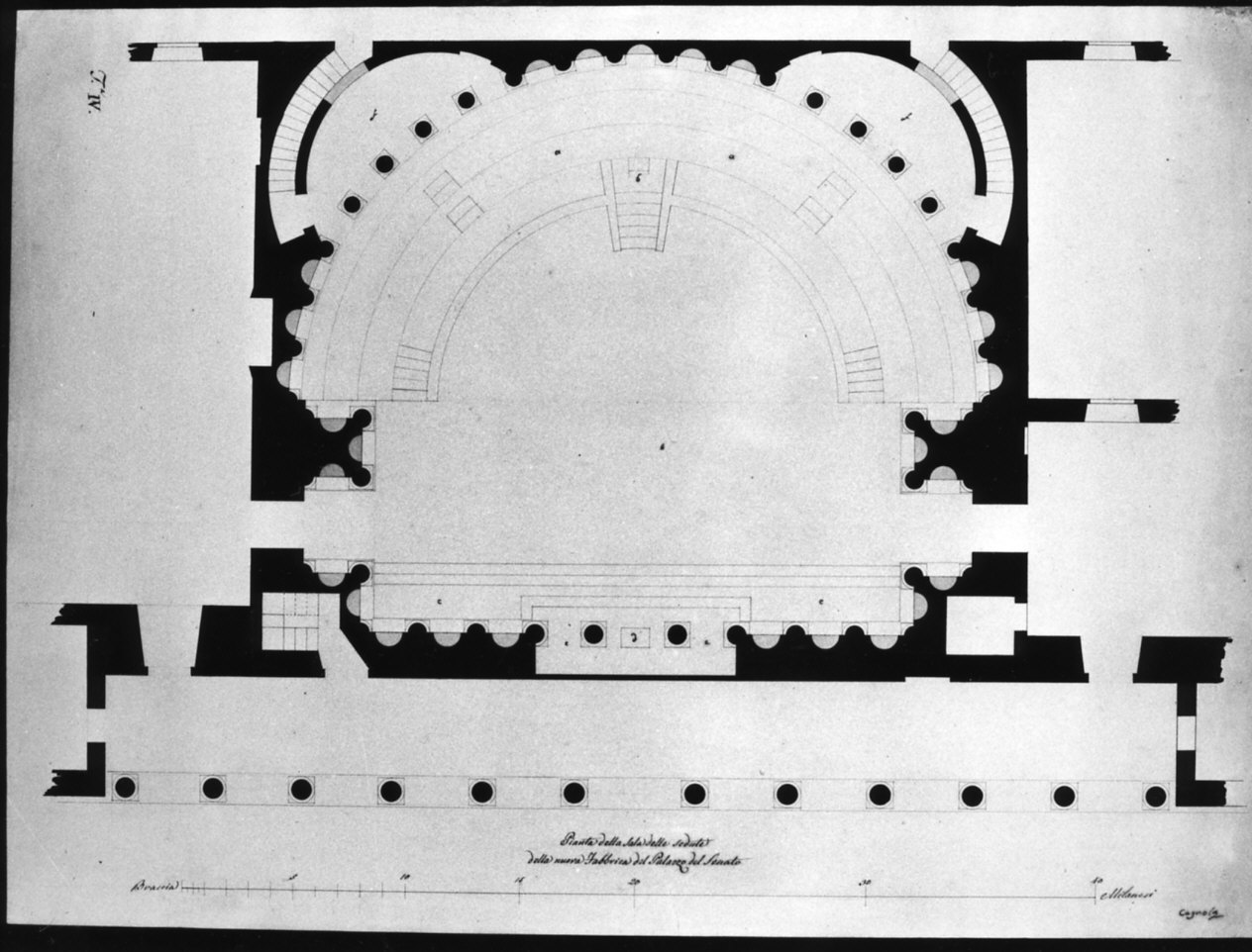 progetto architettonico: pianta del salone delle sedute, primo piano del Palazzo del Senato a Milano (disegno, opera isolata) di Cagnola Luigi (sec. XIX)