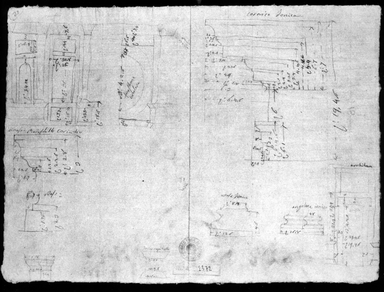 rilievo di partcolari architettonici della facciata della chiesa di Santa Caterina alla Chiusa a Milano (disegno, opera isolata) di Cagnola Luigi (attribuito) (sec. XIX)