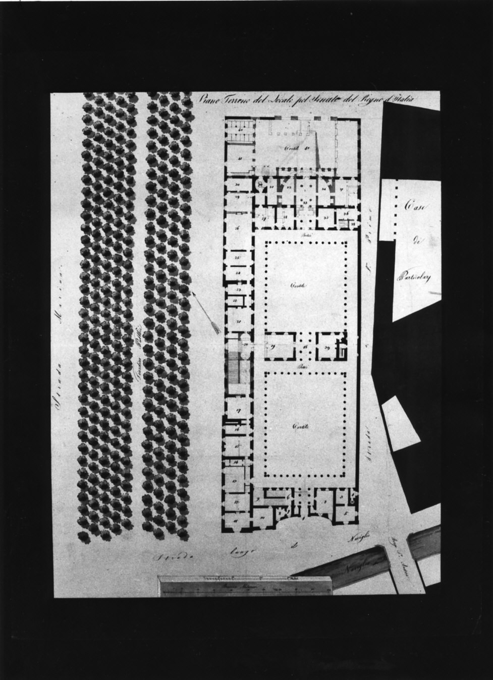 progetto architettonico: pianta del piano terreno del Palazzo del Senato a Milano (disegno, opera isolata) di Canonica Luigi (sec. XIX)