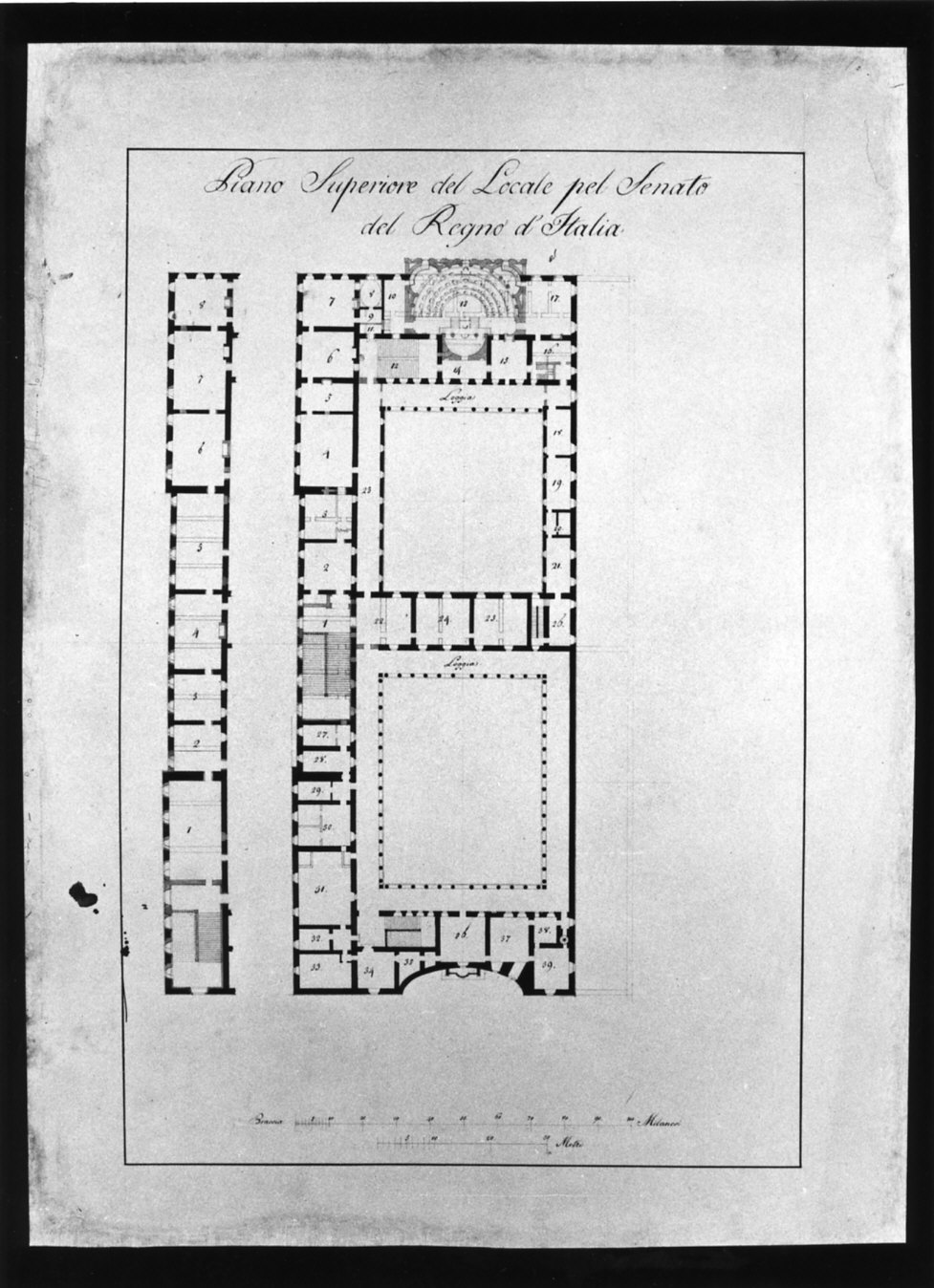 progetto architettonico: pianta del primo piano del Palazzo del Senato a Milano (disegno, opera isolata) di Cagnola Luigi (sec. XIX)