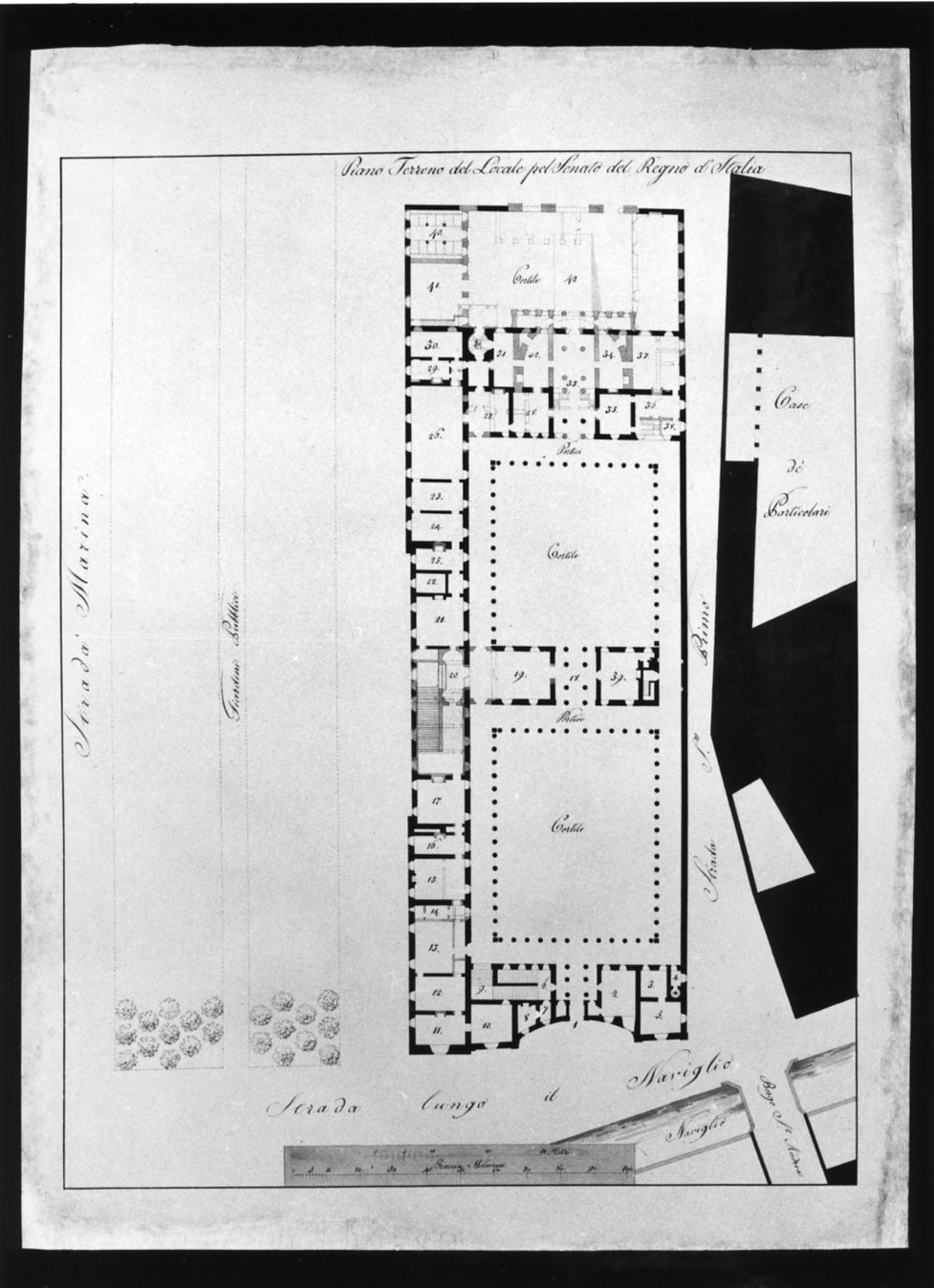 progetto architettonico: pianta del piano terreno del Palazzo del Senato a Milano (disegno, opera isolata) di Cagnola Luigi (sec. XIX)
