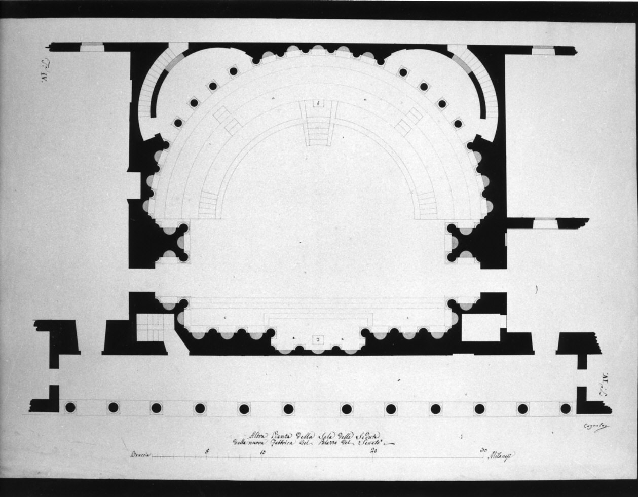 progetto architettonico: pianta del salone delle sedute nel Palazzo del Senato a Milano (disegno, opera isolata) di Cagnola Luigi (sec. XIX)