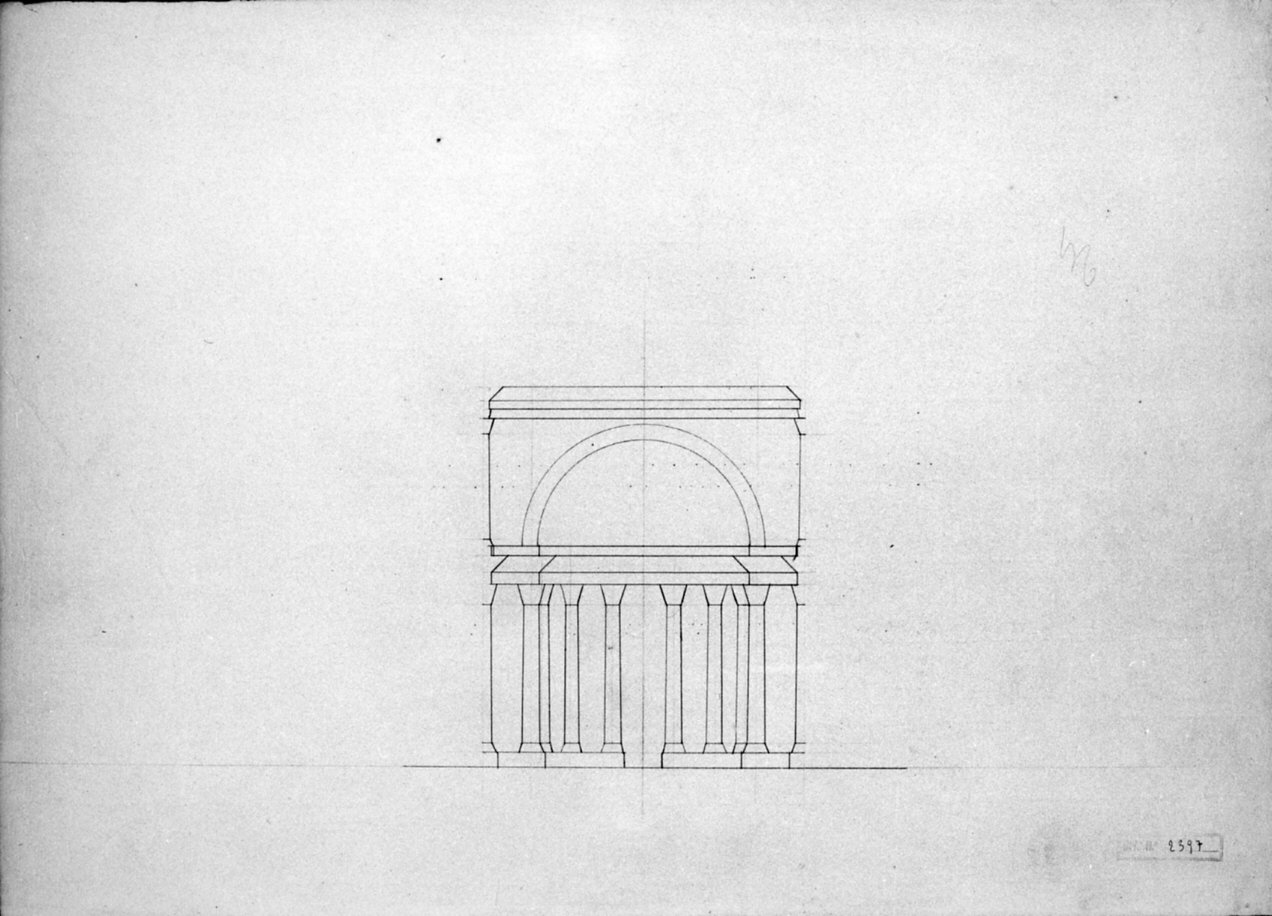 progetto architettonico: sezione parziale di edificio con colonnato (disegno, opera isolata) di Cagnola Luigi (e aiuti) (sec. XIX)
