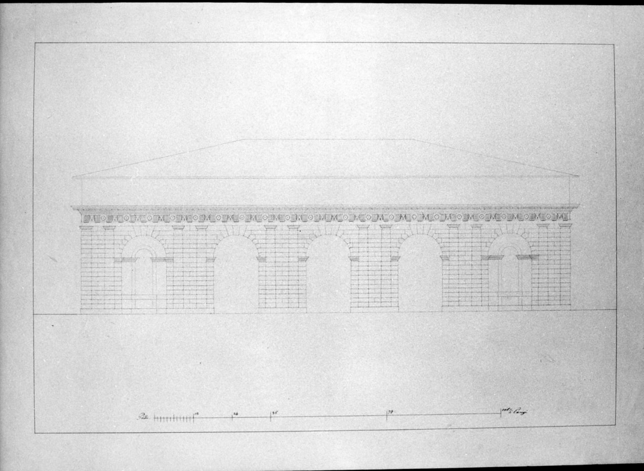 progetto architettonico: prospetto di edificio ad un piano (disegno, opera isolata) di Cagnola Luigi (sec. XIX)