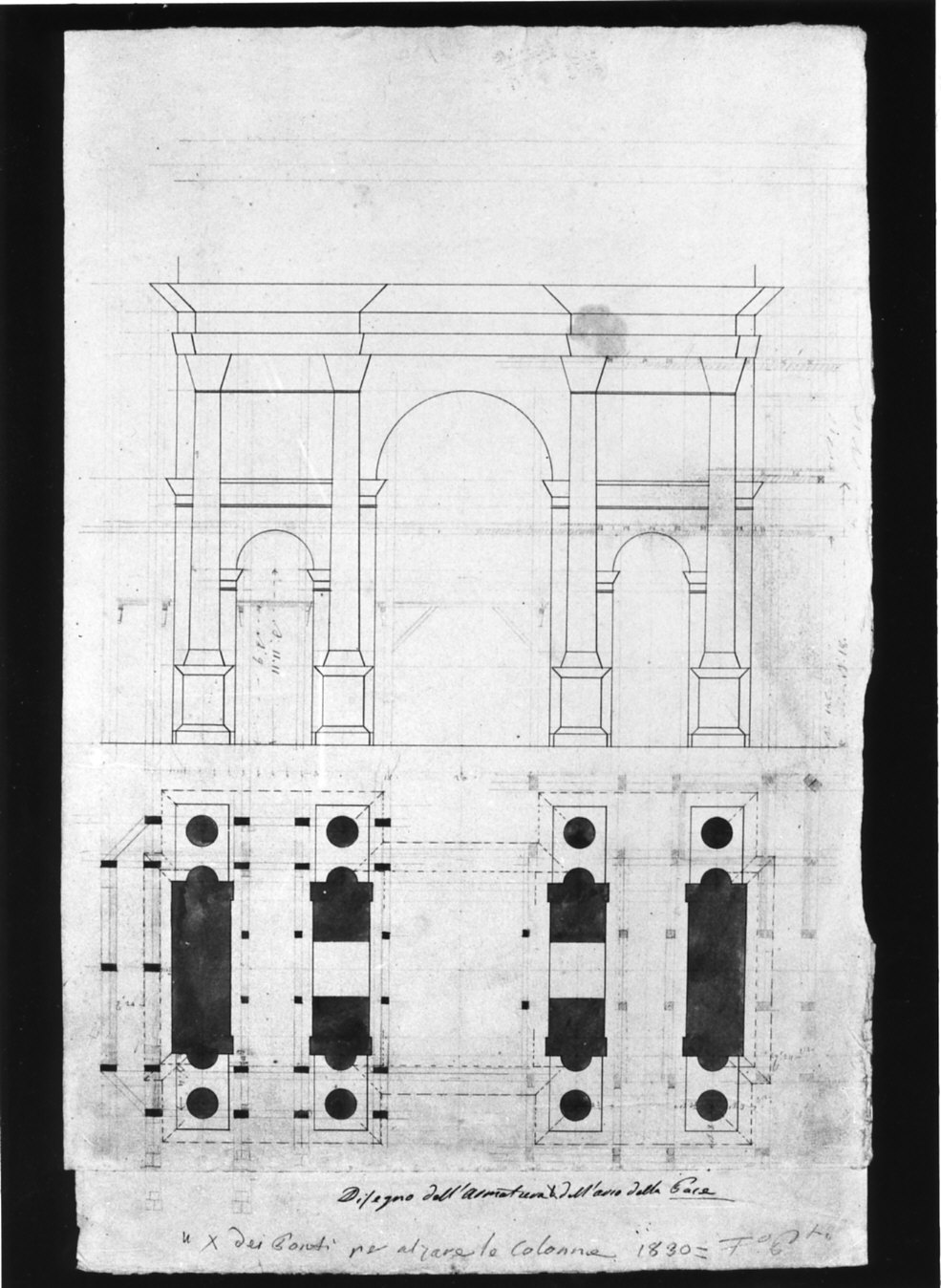 progetto architettonico:prospetto e pianta dell'Arco della Pace a Milano (disegno, opera isolata) di Cagnola Luigi (sec. XIX)