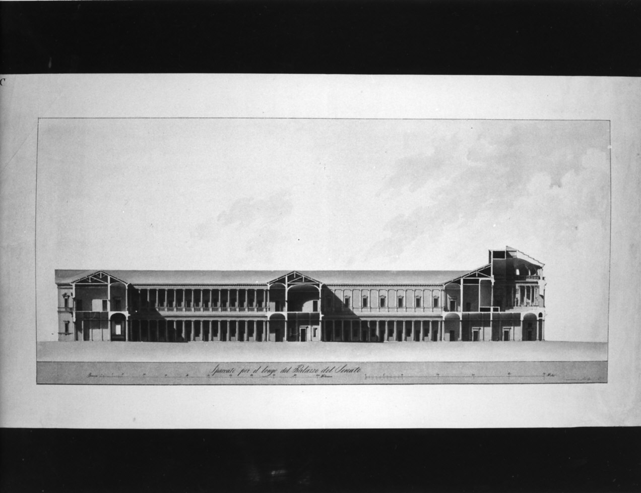 progetto architettonico: sezione longitudinale del Palazzo del Senato a Milano (disegno, opera isolata) di Canonica Luigi (sec. XIX)