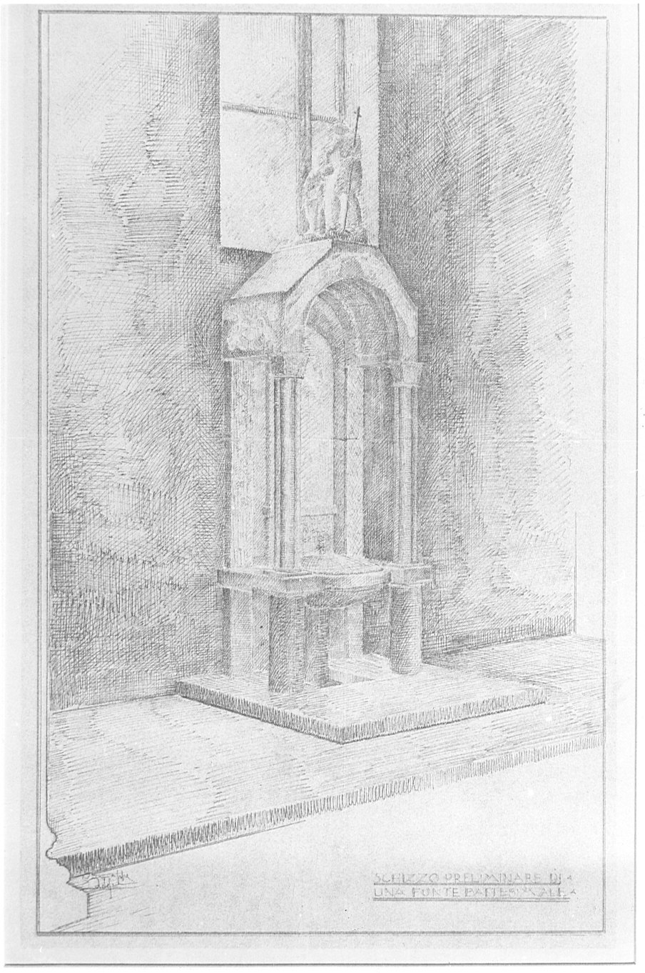 disegno architettonico: progetto di un fonte battesimale (disegno, opera isolata) - ambito lombardo (sec. XX)