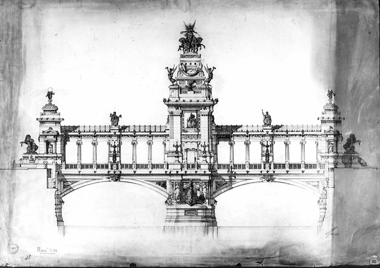 Progetto di ponte commemorativo: prospetto, architettura (disegno architettonico, opera isolata) di Bongi Orsini (attribuito) (sec. XX)