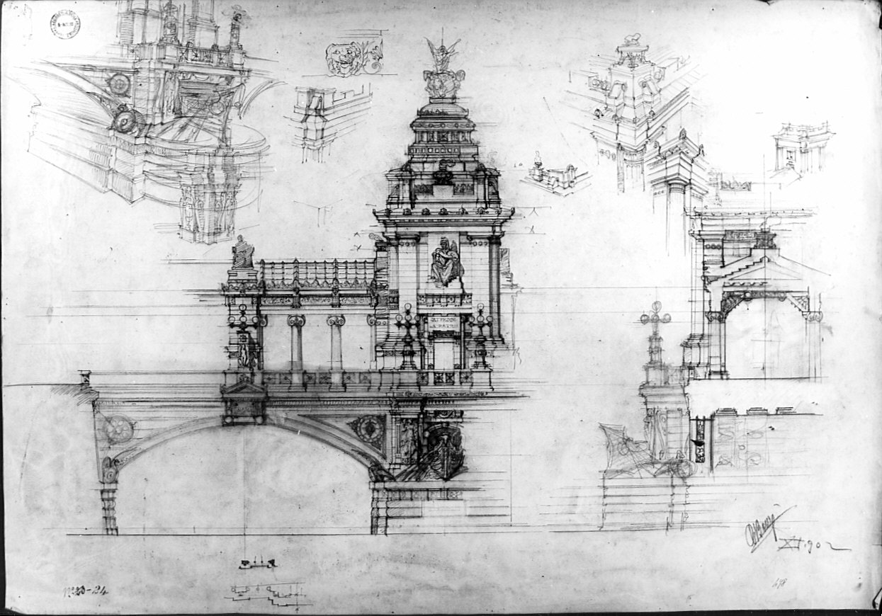 Progetto di ponte commemorativo: schizzo estemporaneo, architettura (disegno architettonico, opera isolata) di Bongi Orsini (attribuito) (sec. XX)