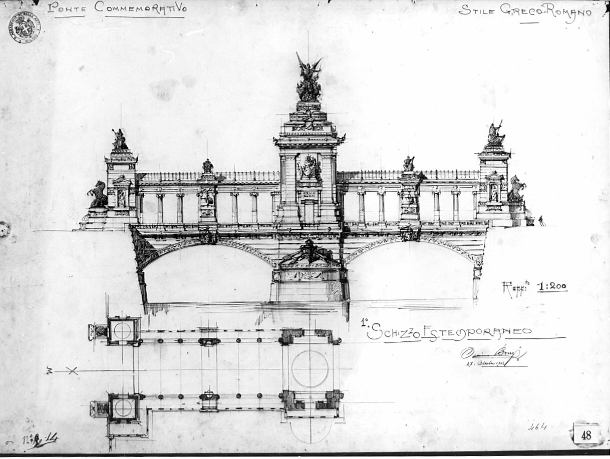 Progetto di ponte commemorativo: pianta e alzato, architettura (disegno architettonico, opera isolata) di Bongi Orsini (attribuito) (sec. XX)