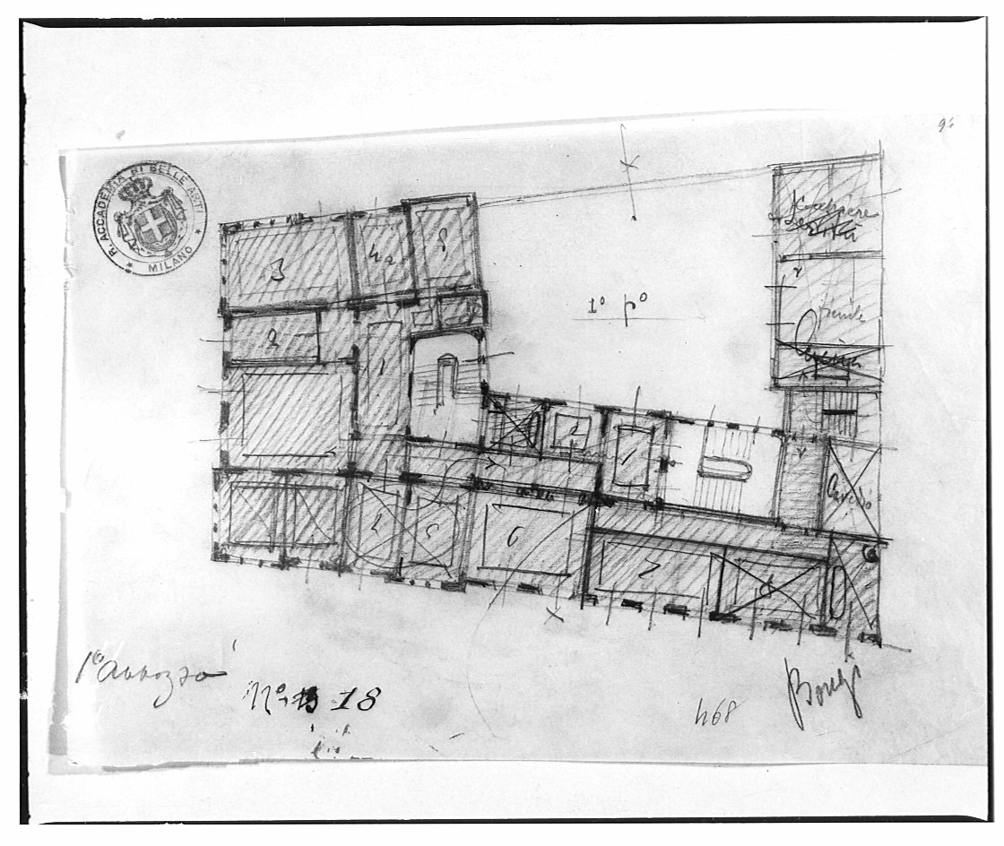 Progetto per casa signorile d'affitto: pianta del primo piano, architettura (disegno architettonico, opera isolata) di Bongi Orsini (attribuito) (sec. XX)