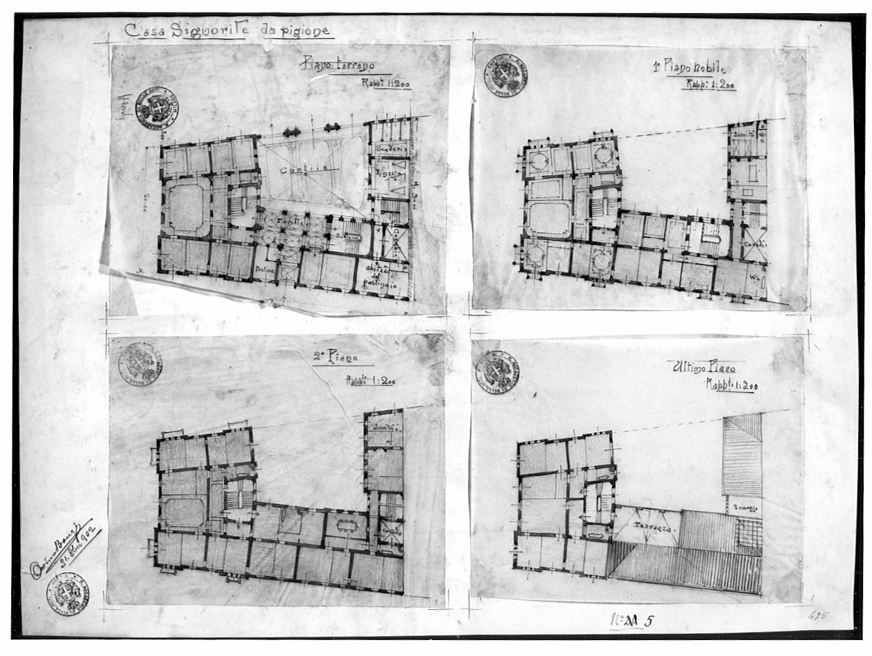 Progetto per casa signorile d'affitto: serie di quattro piante - primo piano nobile, architettura (disegno architettonico, elemento d'insieme) di Bongi Orsini (attribuito) (sec. XX)