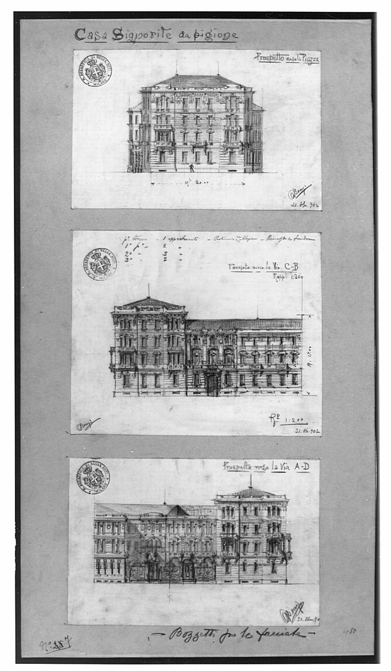 Progetto per casa signorile da pigione: serie di tre alzati, architettura (disegno architettonico, elemento d'insieme) di Bongi Orsini (attribuito) (sec. XX)