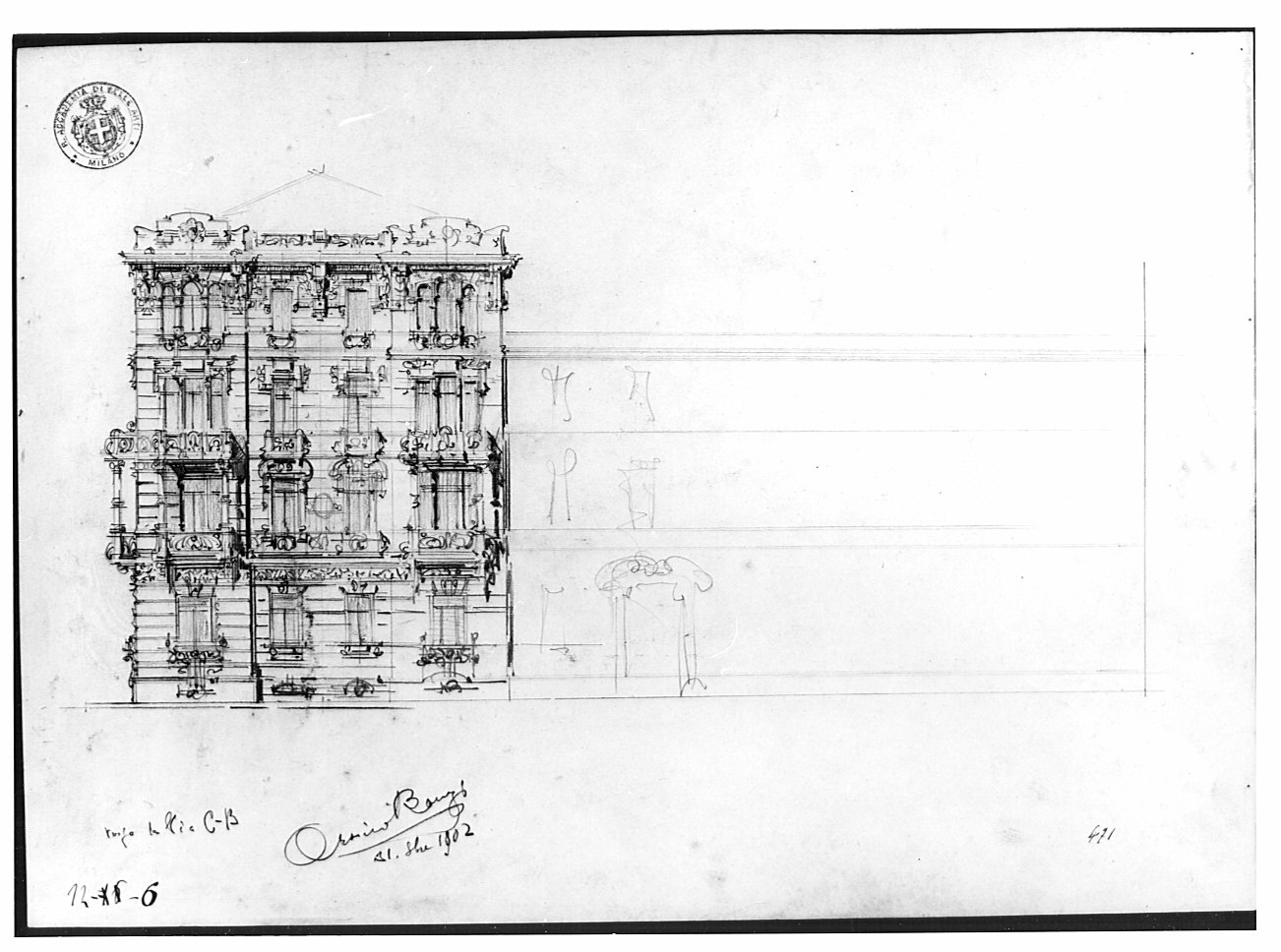 Progetto per casa signorile da pigione: alzato, architettura (disegno architettonico, opera isolata) di Bongi Orsini (attribuito) (sec. XX)
