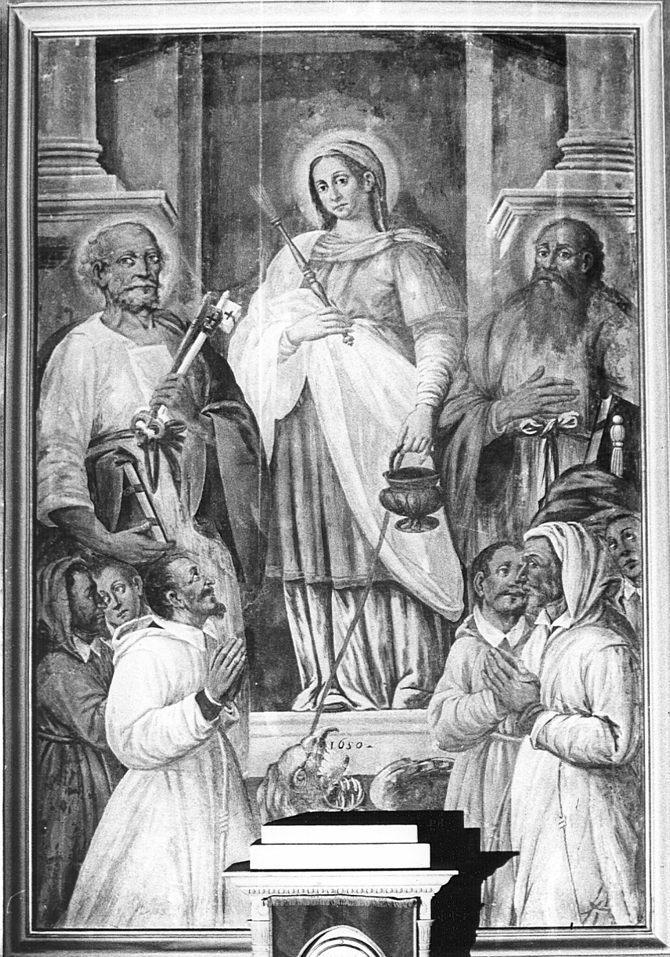 Santa Marta tra i SS. Pietro e Paolo e devoti (dipinto, opera isolata) - bottega lombarda (sec. XVII)