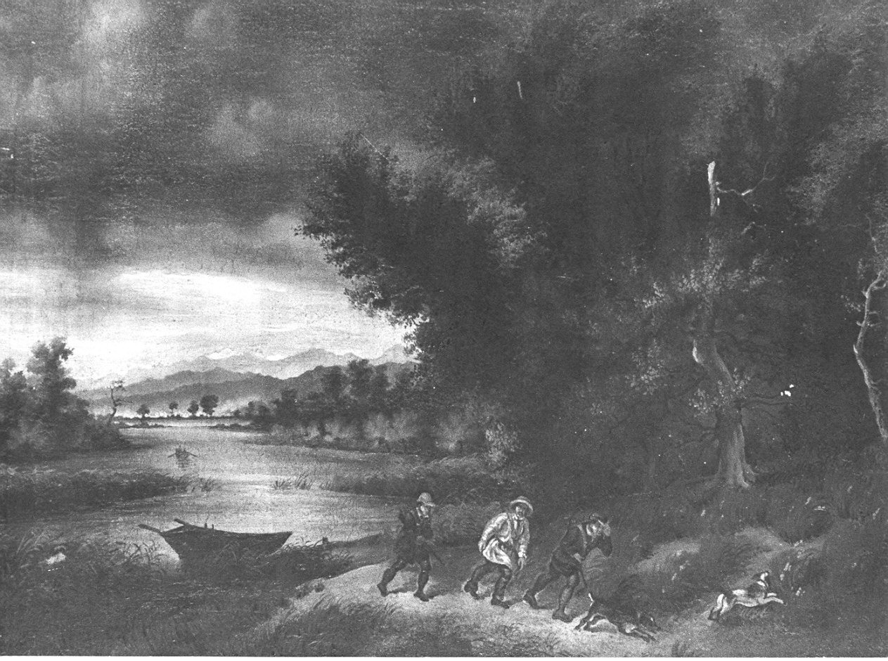 paesaggio con cacciatori (dipinto, opera isolata) - ambito lecchese (secc. XIX/ XX)