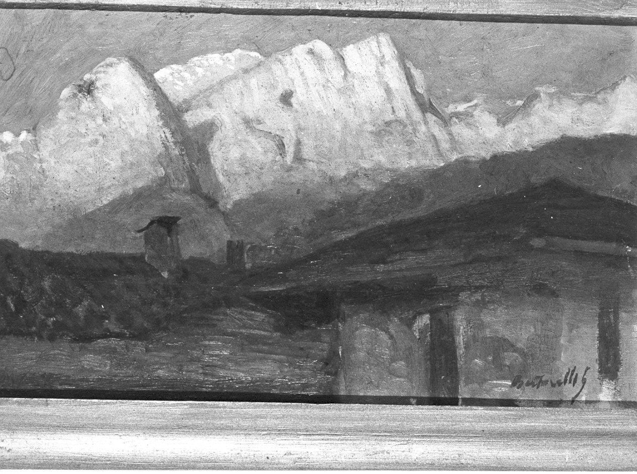 paesaggio con case e montagne (dipinto, opera isolata) di Bertarelli G (sec. XX)