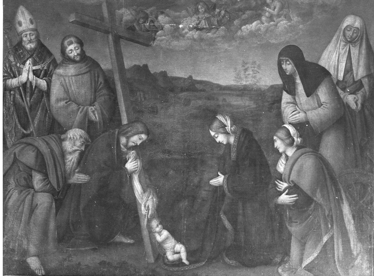 Cristo Bambino ai piedi della croce tra santi (dipinto, opera isolata) di Giovenone Girolamo (attribuito) (sec. XVI)