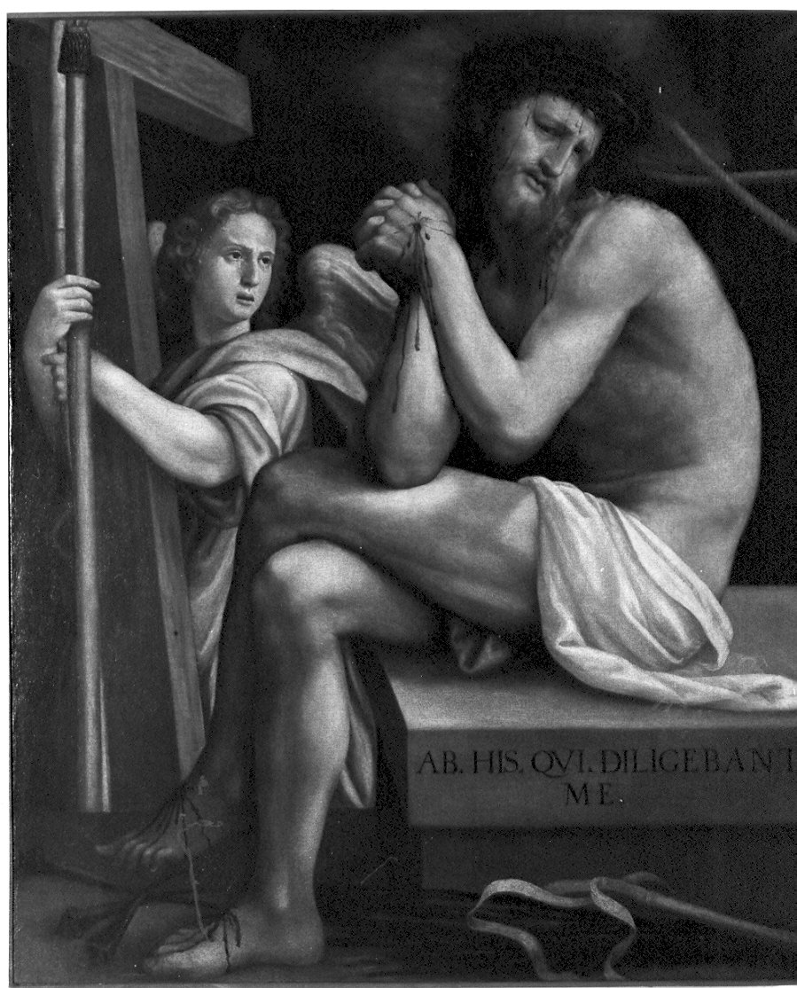 Uomo dei dolori, Cristo nel sepolcro (dipinto, opera isolata) di Bagnatore Pietro Maria (sec. XVI)
