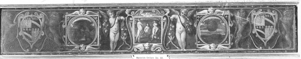 stemmi, imprese e figure mitologiche (cembalo, frammento) - ambito emiliano lombardo (sec. XVI)
