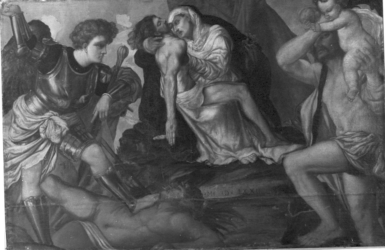Cristo deposto tra San Michele e San Cristoforo (dipinto, opera isolata) di Varotari Dario il Vecchio (attribuito) (sec. XVI)